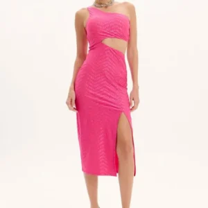 Vestido Lança Perfume Super Midi Ombro Único Com Fenda E Logomania