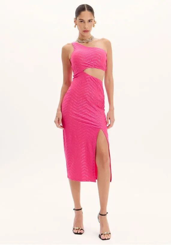 Vestido Lança Perfume Super Midi Ombro Único Com Fenda E Logomania